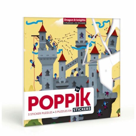Kreatív, fejlesztő 3 db illusztrált kártya, 105 puzzle matricával – Lovagok és sárkányok  - Poppik